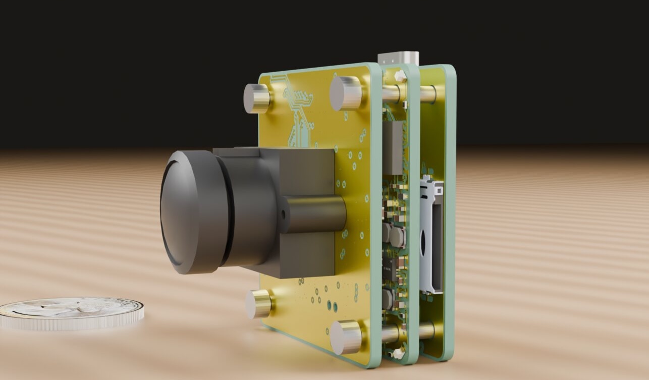 3D render of the three board stack next to a coin